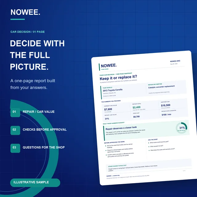 Sample of the one-page NOWEE report with your car, repair comparison, chart and shop checklist.